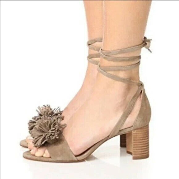 MADEWELL Lainy Sandals Ankle Wrap block heel  Clay Taupe Suede Pom Fringe Shoes - Picture 2 of 10